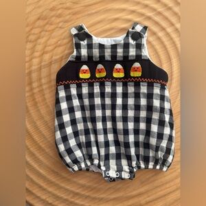 Smocked Flamingo Halloween Black and White Checkered Candy Corn Smocked Bubble